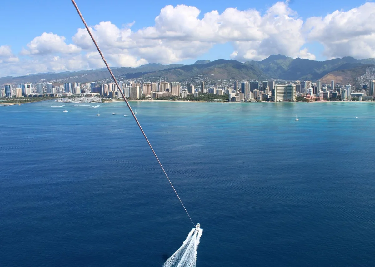 Wide view of a parasail flight over Waikiki